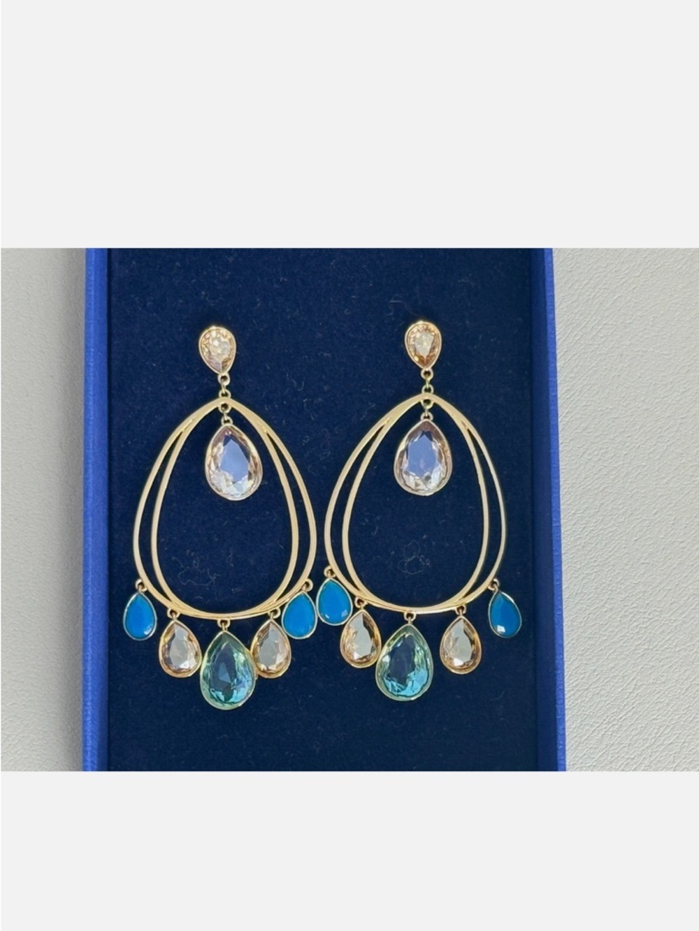 Swarovski Gold Earrings Azore Drop Blue Crystal Pierced Teardrop